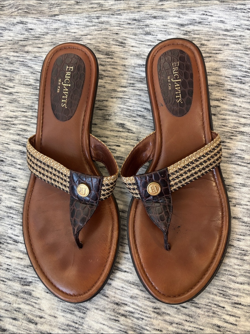 Eric Javits Brown Leather Thong Sandals with Woven Straps